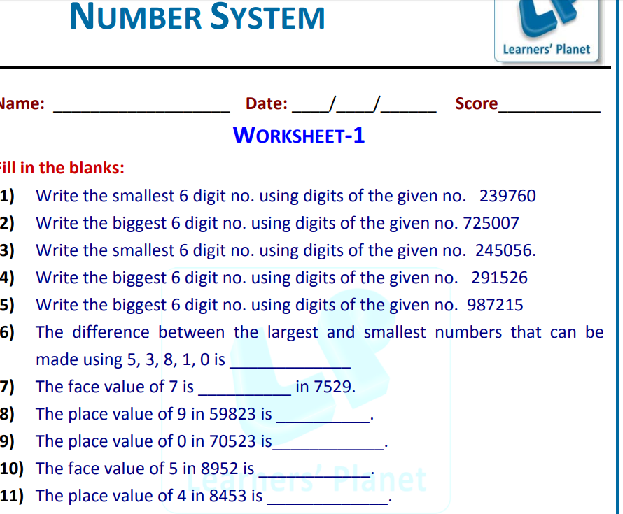 Download Number system worksheet pdf